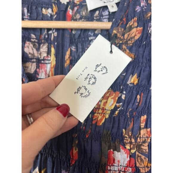 NWT Sea New York Floral Ines Flutter Sleeve Smocked Ruffled Midi Dress Navy - Picture 5 of 8